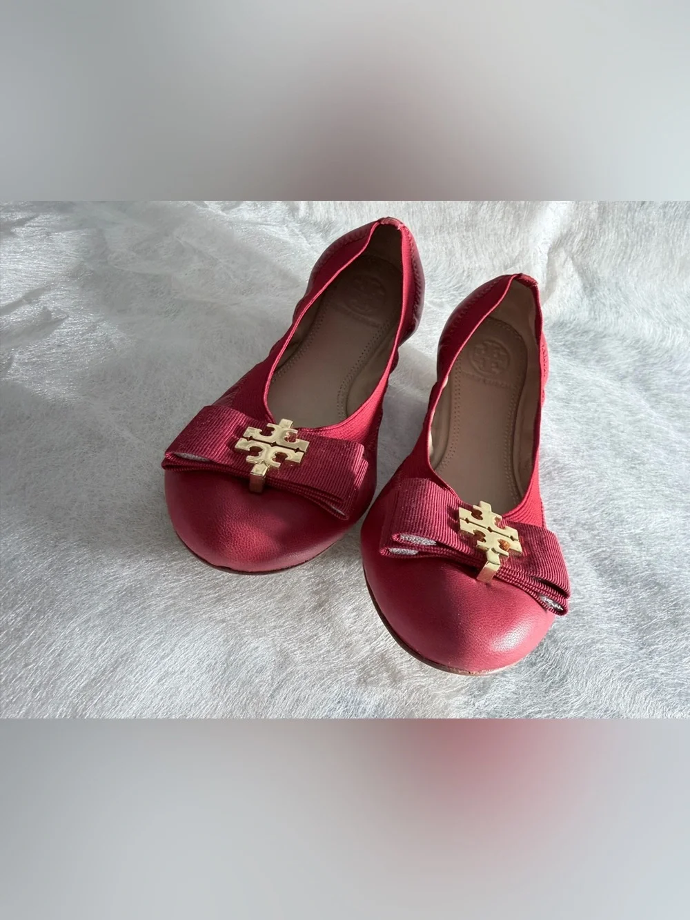 New Tory Burch Red Grosgrain Bow Logo Ballet Flats